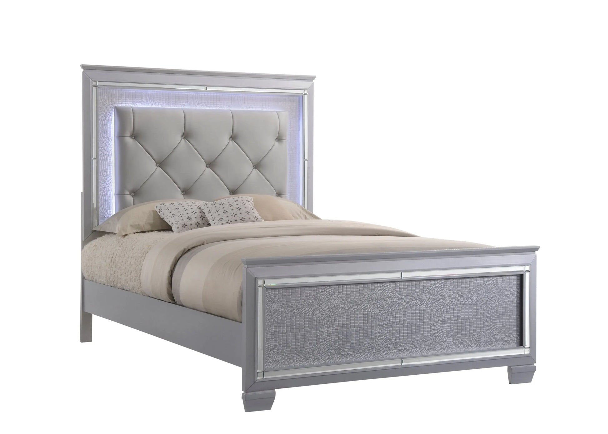 Lillian Silver Queen LED Upholestered Bed Crown Mark