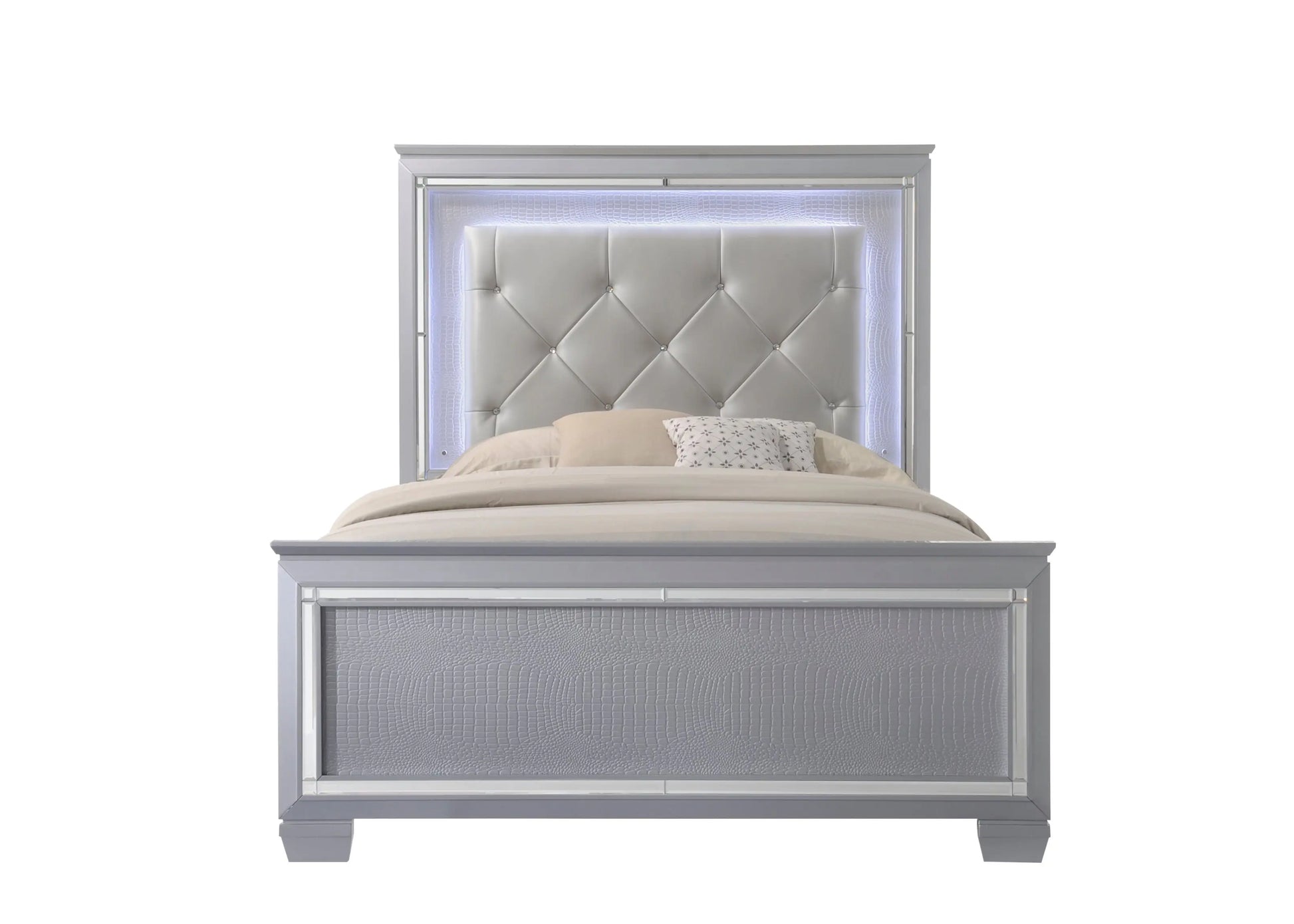 Lillian Silver Queen LED Upholestered Bed Crown Mark