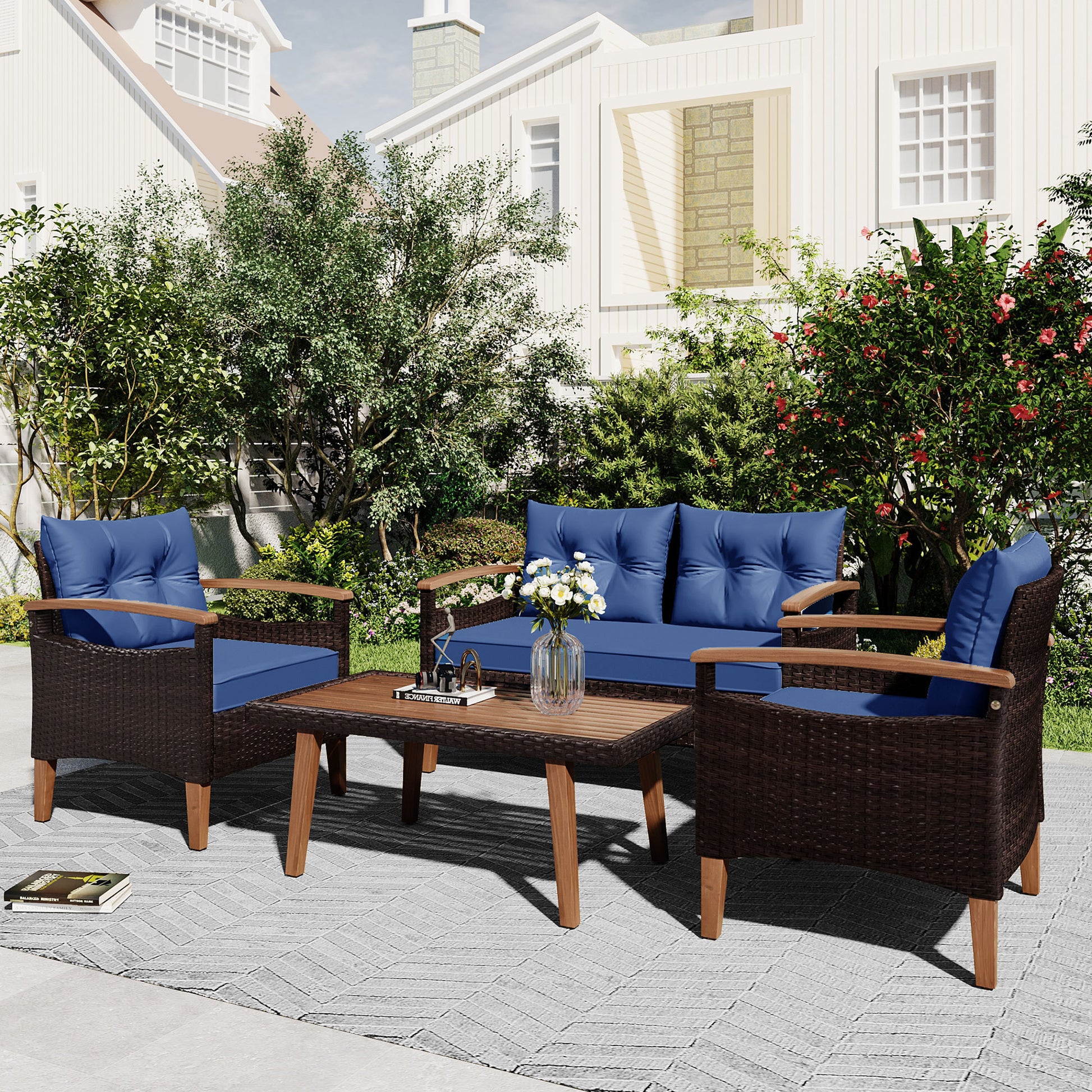 GO 4-Piece Garden Furniture,  Patio Seating Set, PE Rattan Outdoor Sofa Set, Wood Table and Legs, Brown and Blue House to Home Furnishings LLC