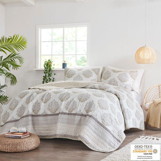 3 Piece Reversible Cotton Coverlet Set Neutral Full/Queen Olliix.com