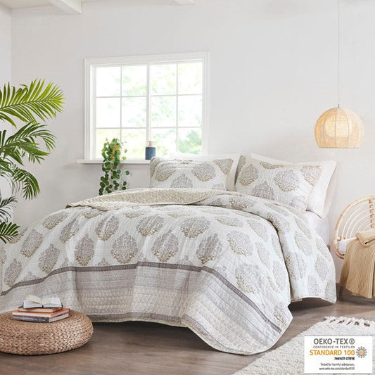 3 Piece Reversible Cotton Coverlet Set Neutral Cal King Olliix.com