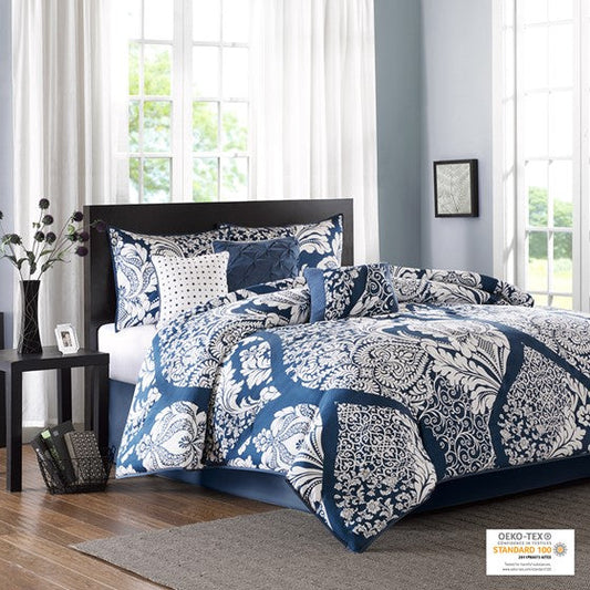 7 Piece Cotton Printed Comforter Set Indigo King Olliix.com