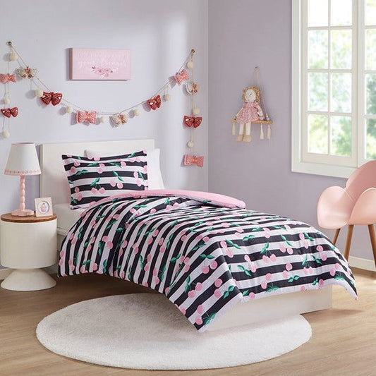 Cherries Printed Comforter Set Pink/Black Twin Olliix.com