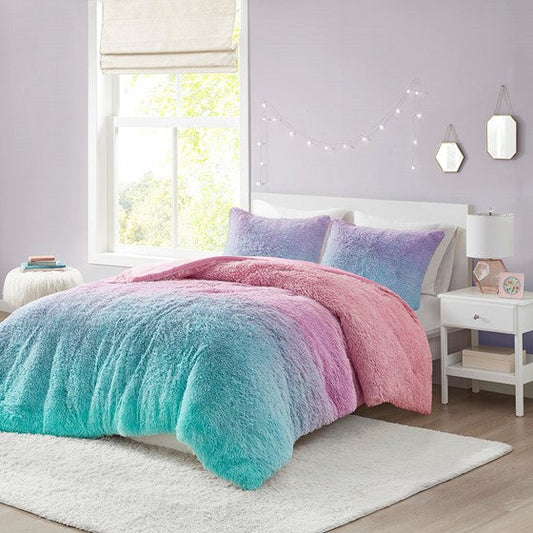 Ombre Shaggy Faux Fur Comforter Set Purple Multi Twin XL Olliix.com