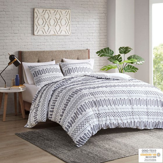 Cotton Jacquard Comforter Mini Set Off-White/Navy Cal King Olliix.com