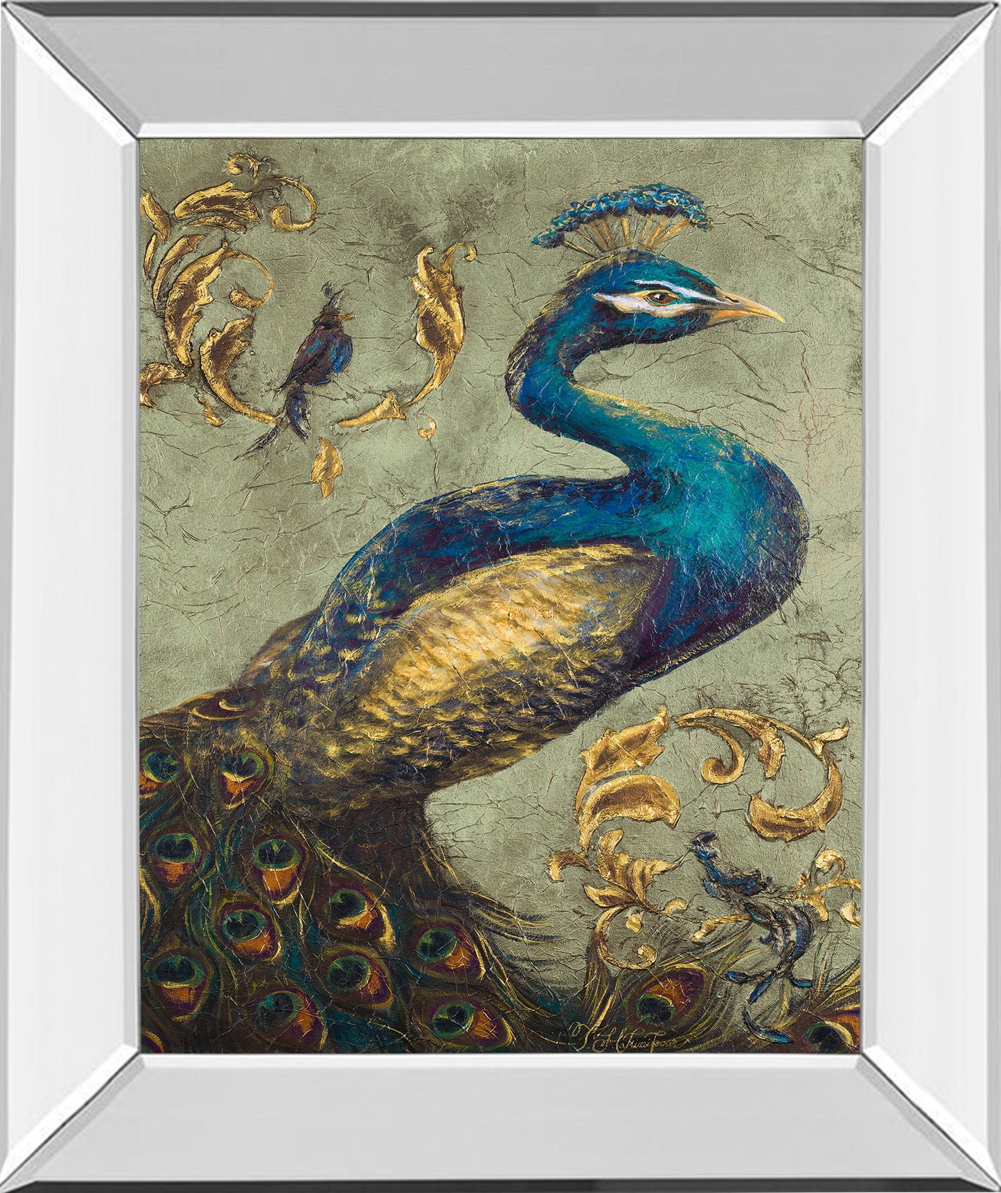 Peacock On Sage I By Tiffany Hakimipour - Mirror Framed Print Wall Art - Blue Classy Art