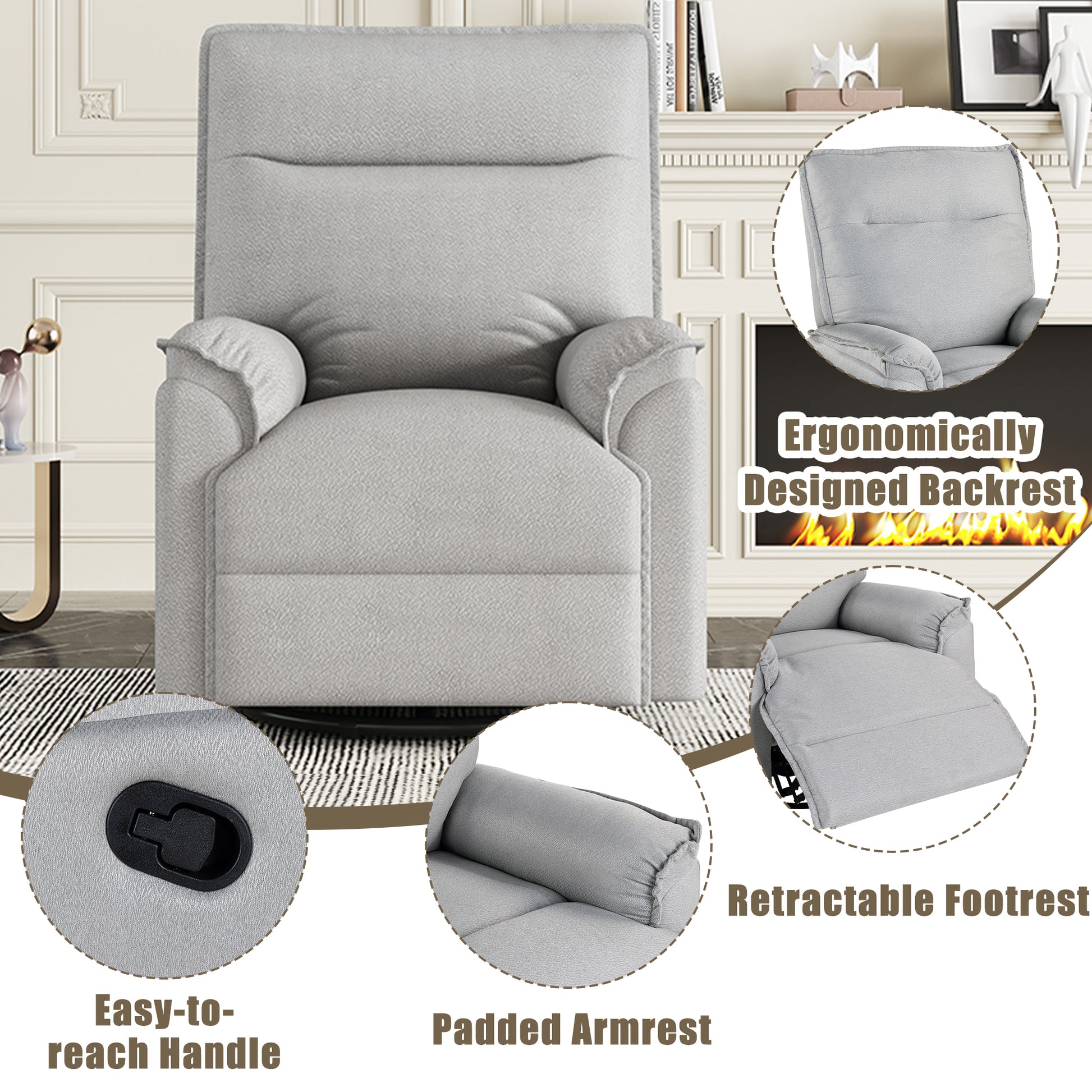 360° Degree Swivel Upholstered Manual Recliner Chair Theater Recliner Sofa Nursery Glider Rocker for Living Room, Grey House to Home Furnishings LLC