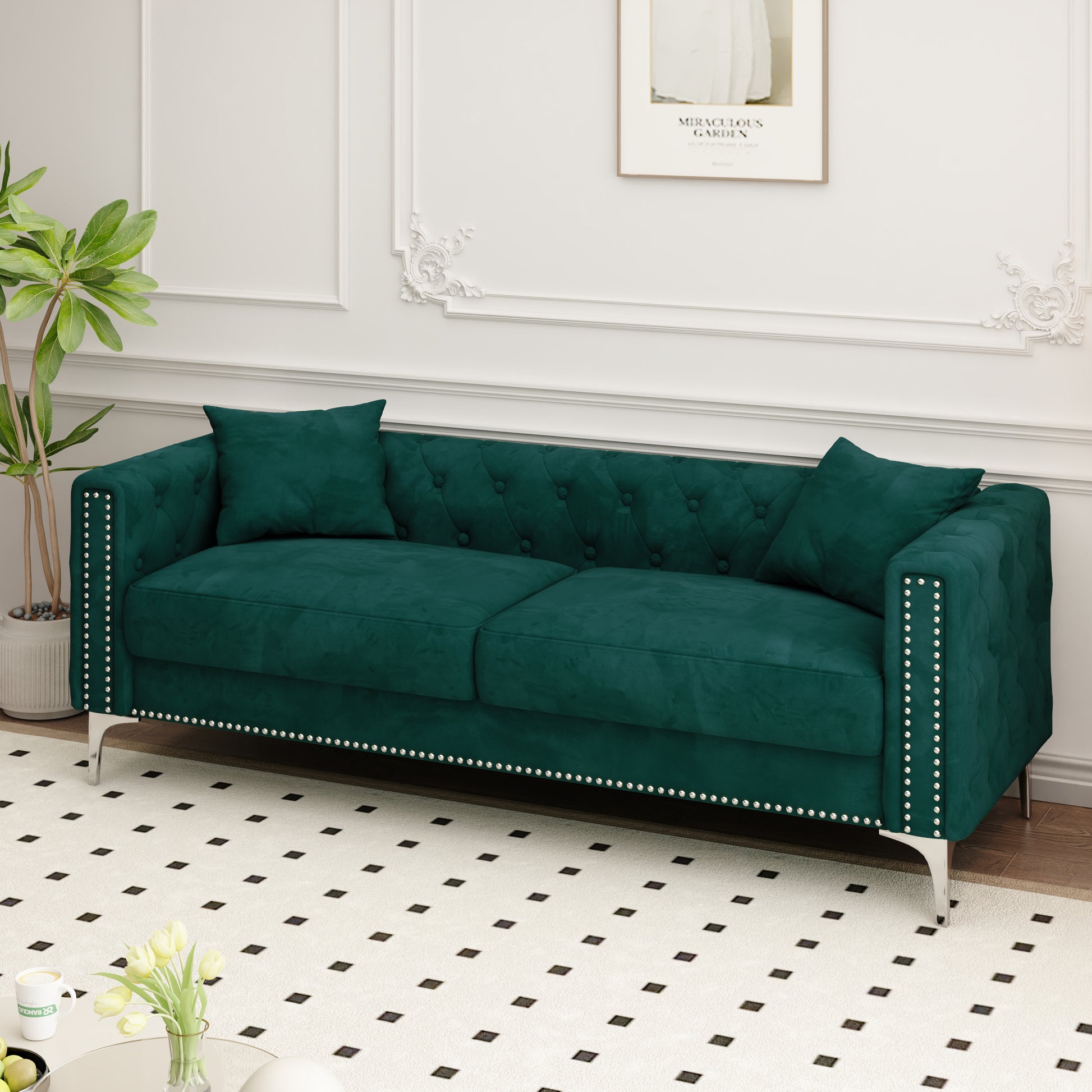 Sofa includes 2 pillows, 83 "green velvet triple sofa for small Spaces House to Home Furnishings LLC