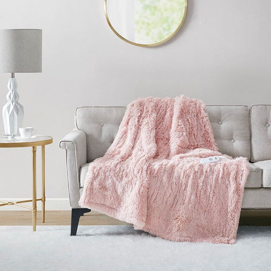 Shaggy Faux Fur Heated Throw Blush Olliix.com