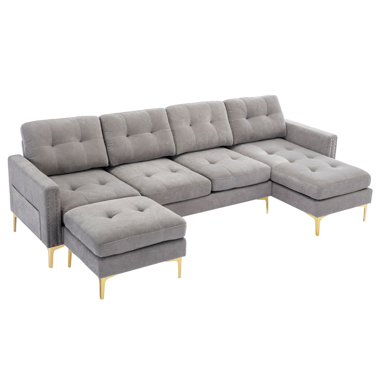 110" L-Shape Convertible Sectional Sofa Couch with Movable Ottoman for Living Room, Apartment, Office, Light Grey House to Home Furnishings LLC