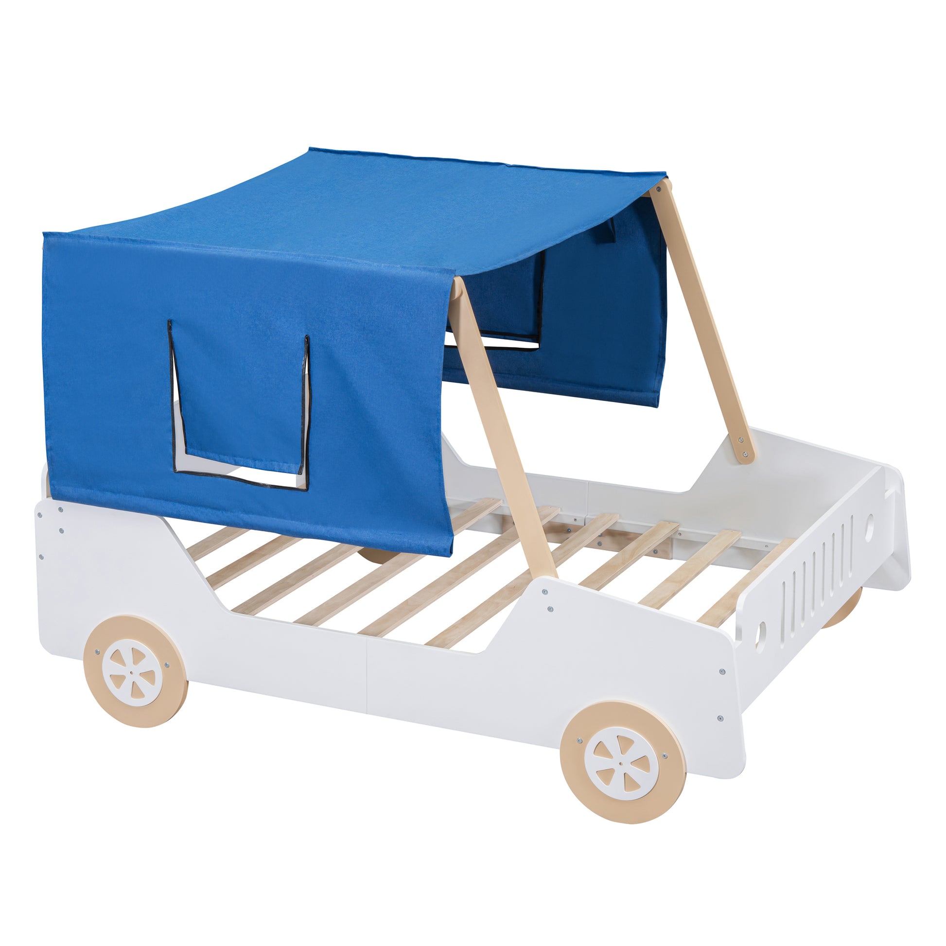 Full Size Car Shaped Bed with Tents,White+Natural House to Home Furnishings LLC