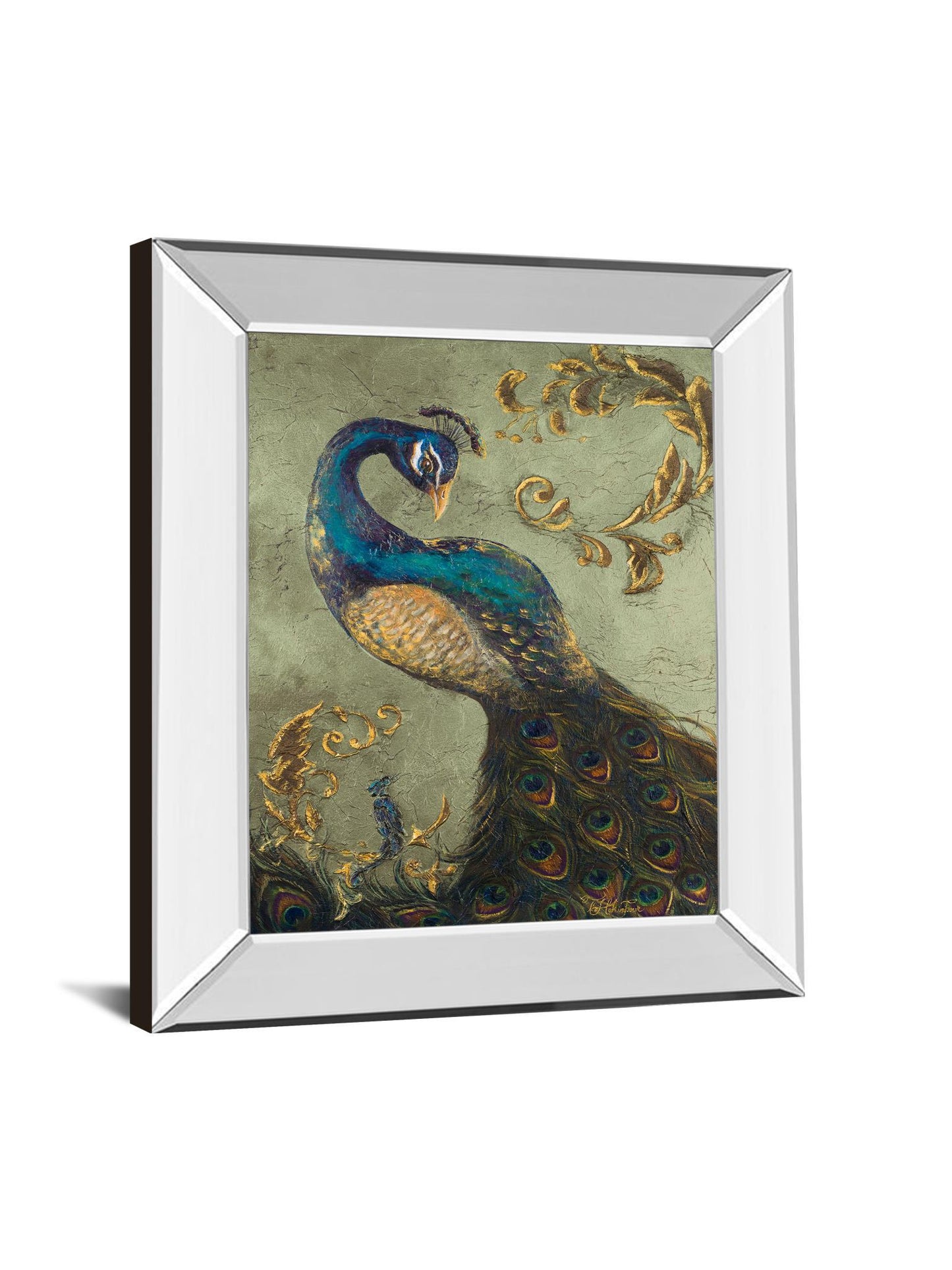 22x26 Peacock On Sage Il By Tiffany Hakimipour - Mirror Framed Print Wall Art - Blue Classy Art