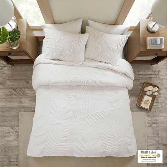 Bahari Coastal 3 Pc Tufted Cotton Chenille Palm Duvet Cover Set Full/Queen White Olliix.com