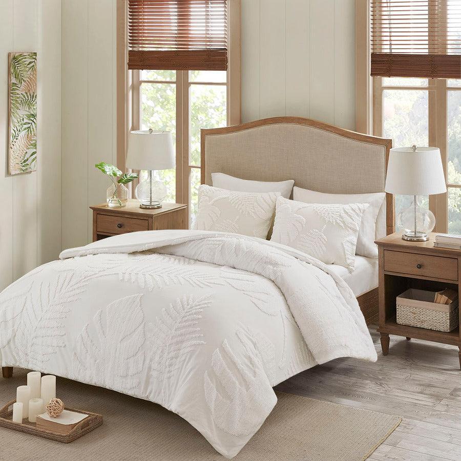 Bahari Coastal 3 Pc Tufted Cotton Chenille Palm Duvet Cover Set Full/Queen White Olliix.com