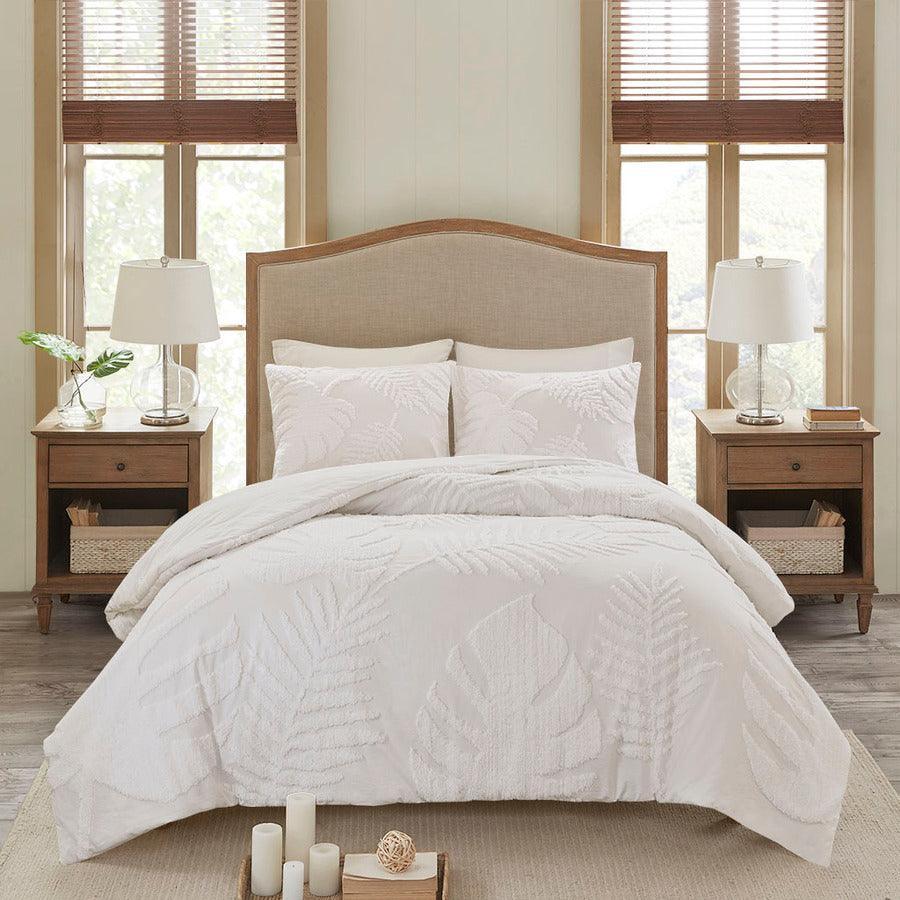 Bahari Coastal 3 Pc Tufted Cotton Chenille Palm Duvet Cover Set Full/Queen White Olliix.com