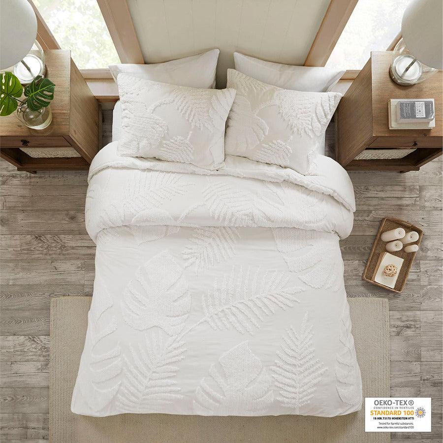 Bahari Coastal 3 Piece Tufted Cotton Chenille Palm Duvet Cover Set King/Cal King White Olliix.com