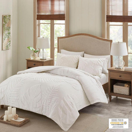 Bahari King/California King 3 Piece Tufted Cotton Chenille Palm Comforter Set White Olliix.com