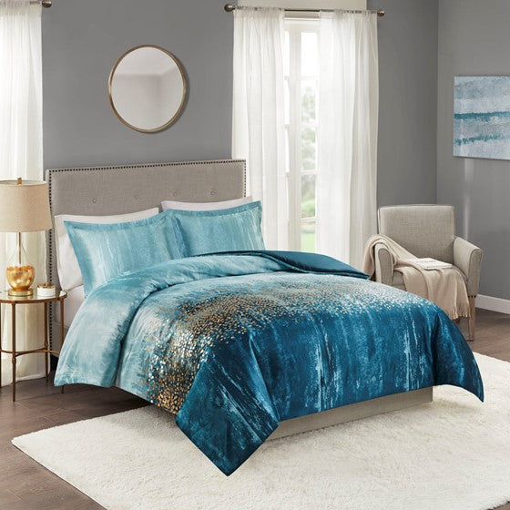 3 Piece Metallic Print Duvet Set Navy Full/Queen Olliix.com