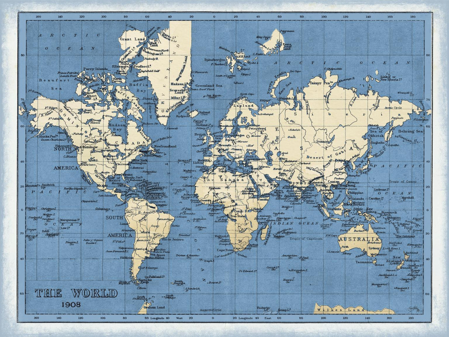 World Map By Elizabeth Medley (Small) - Blue Classy Art