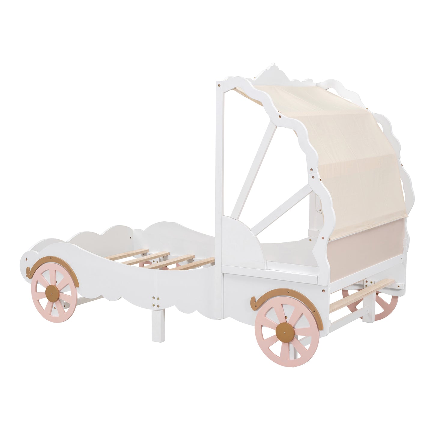 Twin Size Princess Carriage Bed with Canopy, Wood Platform Car Bed with 3D Carving Pattern, White+Pink+Gold House to Home Furnishings LLC