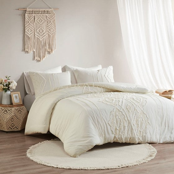 3 Piece Cotton Comforter Set Off-White Full/Queen Olliix.com