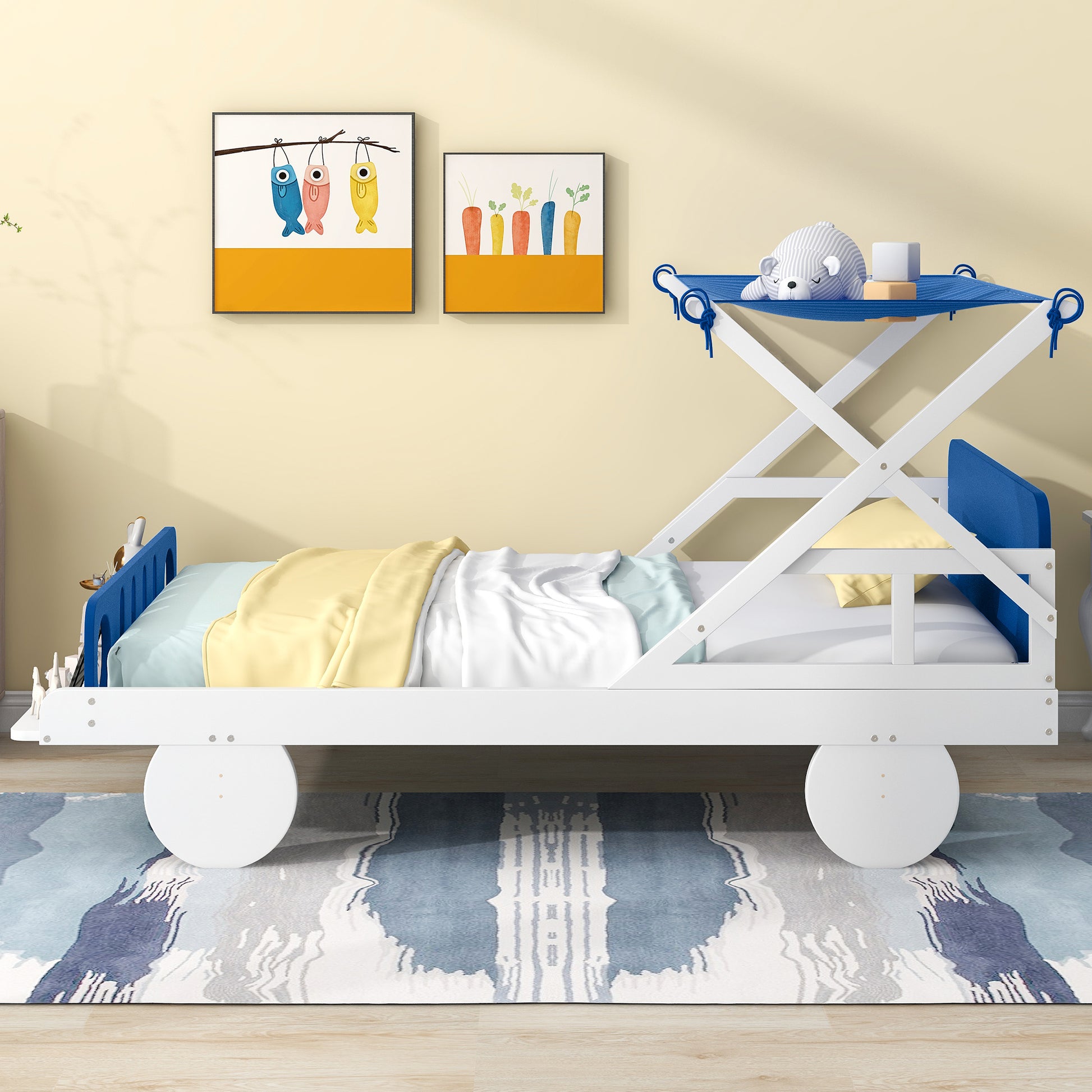 Wood Twin Size Car Bed with Ceiling Cloth, Headboard and Footboard, White+Blue House to Home Furnishings LLC