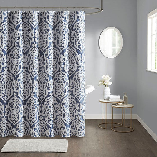 Jacquard Shower Curtain Navy/Silver Olliix.com