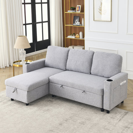 FX78.7"Comfortable Linen L-Shaped Combo Sofa Sofa Bed, Living Room Furniture Sets for Tight Spaces, Reversible Sleeper Combo Sofa with Pullout Bed,Reversible Sofa Bed for Living Room, Office, Apartmen
