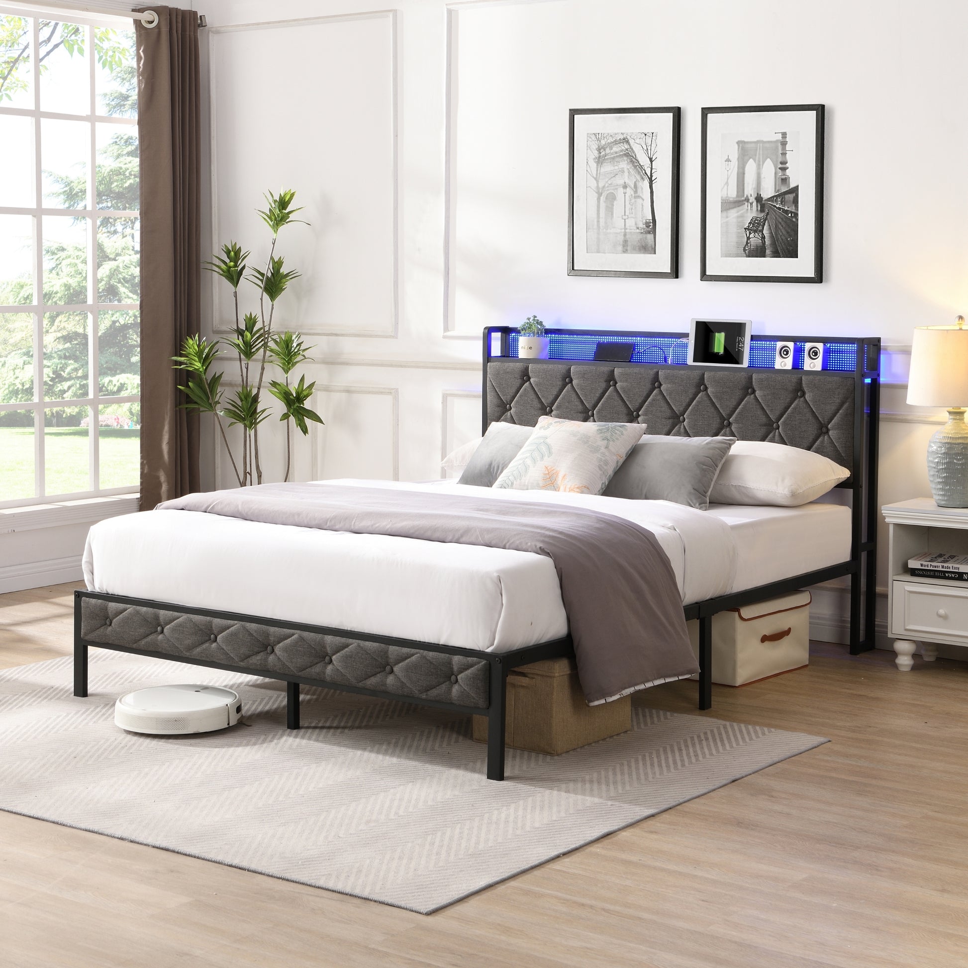 Full Bed Frame with  Storage Headboard, Charging Station and LED Lights, Upholstered Platform Bed with Heavy Metal Slats, No Box Spring Needed, Noise Free, Easy Assembly, Dark Gray House to Home Furnishings LLC