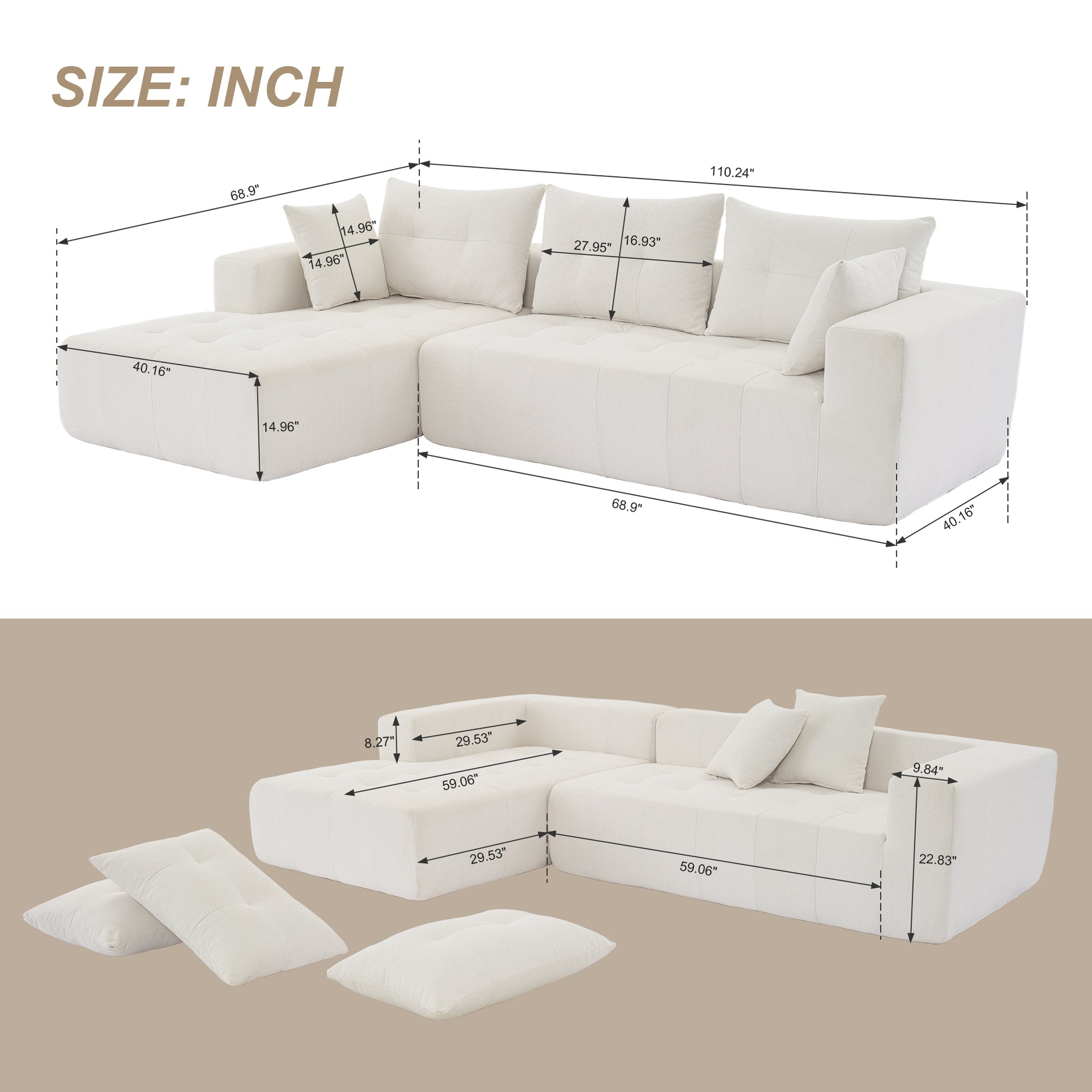 110*69" Modular Sectional Living Room Sofa Set, Modern Minimalist Style Couch, Installation-free sofa, Upholstered Sleeper Sofa for Living Room, Bedroom, Salon, 2 PC Free Combination, L-Shape, Linen House to Home Furnishings LLC