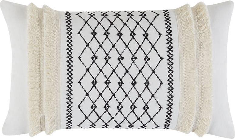 Bea Mid-Century Embroidered Cotton Oblong Pillow with Tassels 12"W x 20"L Ivory Olliix.com