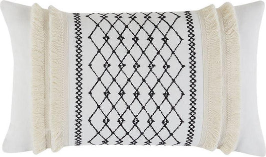 Bea Mid-Century Embroidered Cotton Oblong Pillow with Tassels 12"W x 20"L Ivory Olliix.com