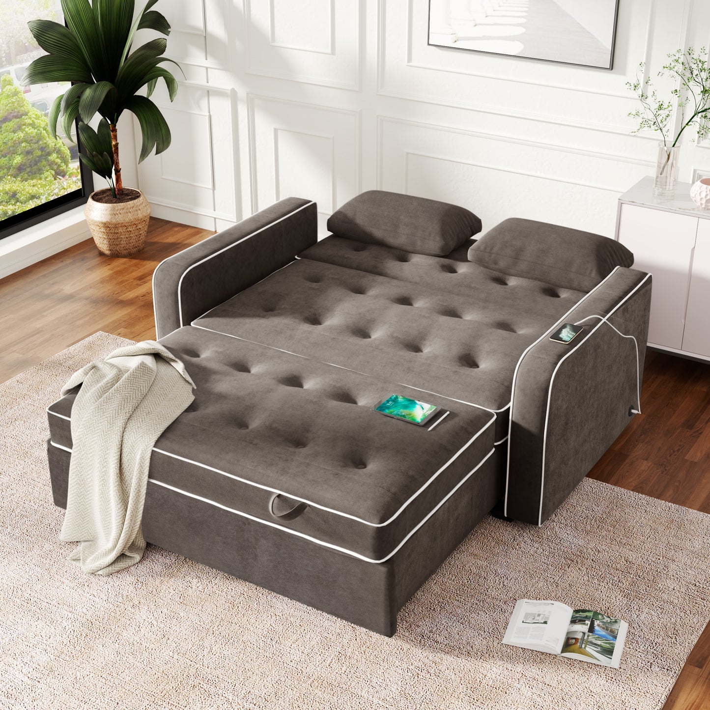 65.7" Linen Upholstered Sleeper Bed , Pull Out Sofa Bed Couch attached two throw pillows,Dual USB Charging Port and Adjustable Backrest for Living Room Space,BROWN GRAY House to Home Furnishings LLC