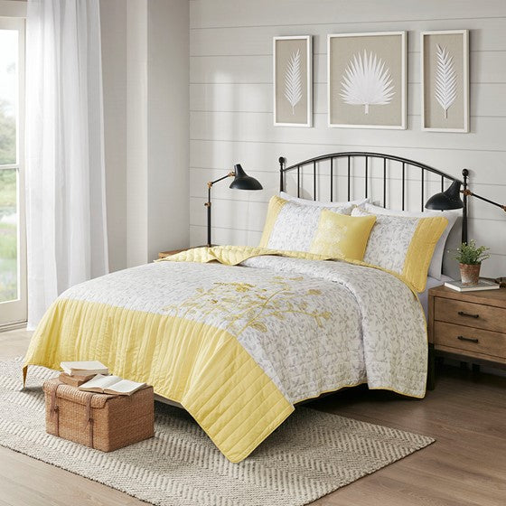 4 Piece Embroidered Microfiber Quilt Set with Throw Pillow Yellow Full/Queen Olliix.com