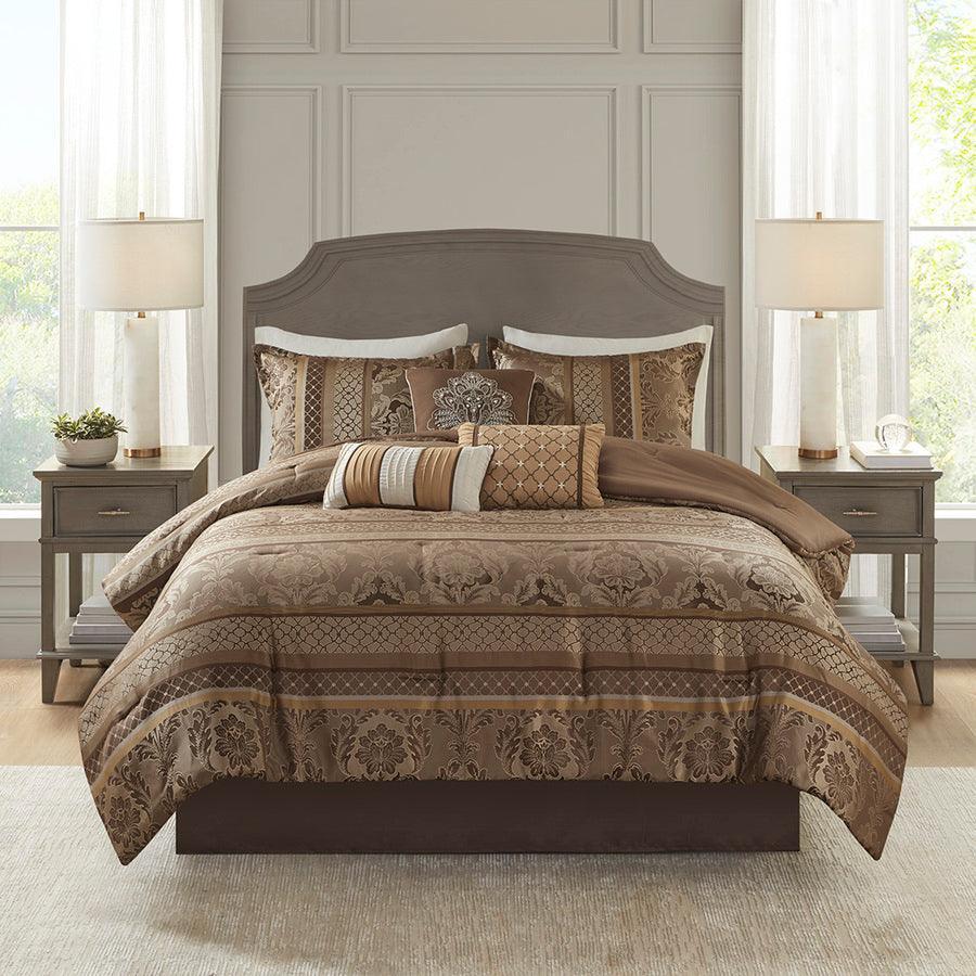 Bellagio California King 7 Piece Jacquard Comforter Set Brown & Gold Olliix.com