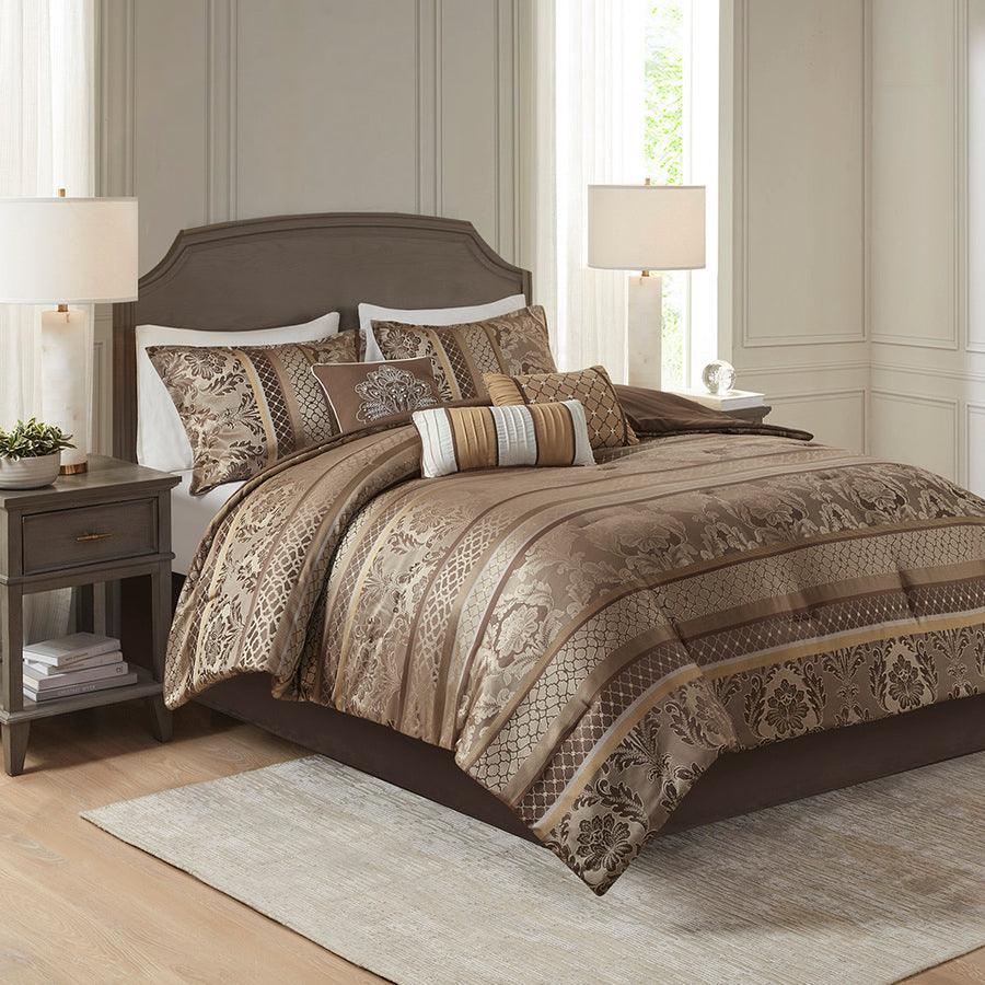 Bellagio California King 7 Piece Jacquard Comforter Set Brown & Gold Olliix.com