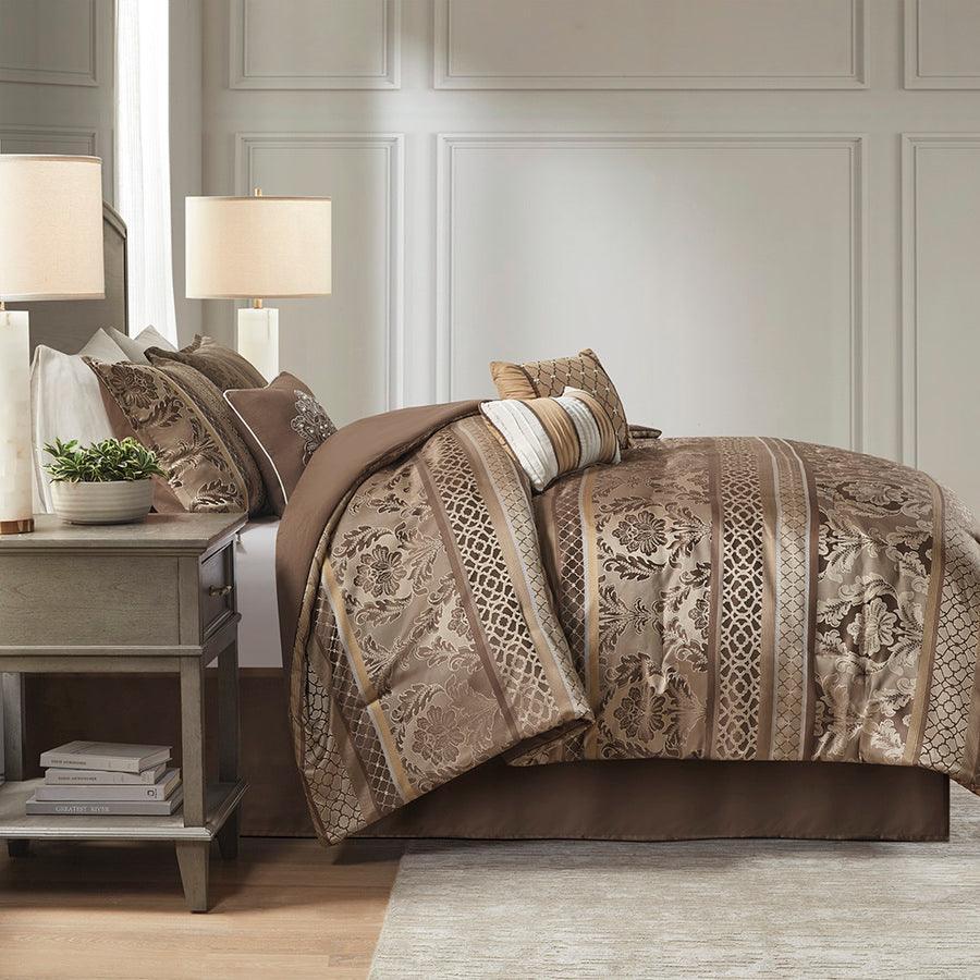 Bellagio California King 7 Piece Jacquard Comforter Set Brown & Gold Olliix.com