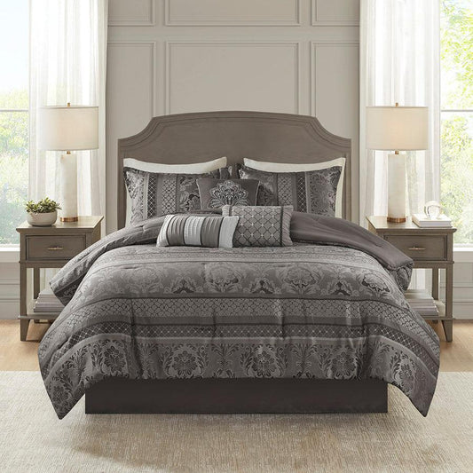 Bellagio California King 7 Piece Traditional Jacquard Comforter Set Gray Olliix.com