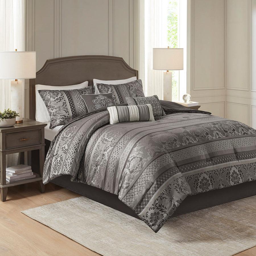 Bellagio California King 7 Piece Traditional Jacquard Comforter Set Gray Olliix.com