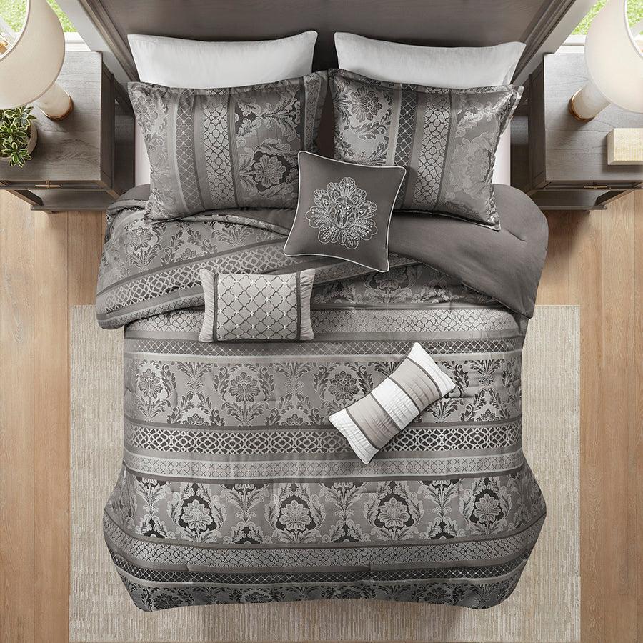 Bellagio California King 7 Piece Traditional Jacquard Comforter Set Gray Olliix.com