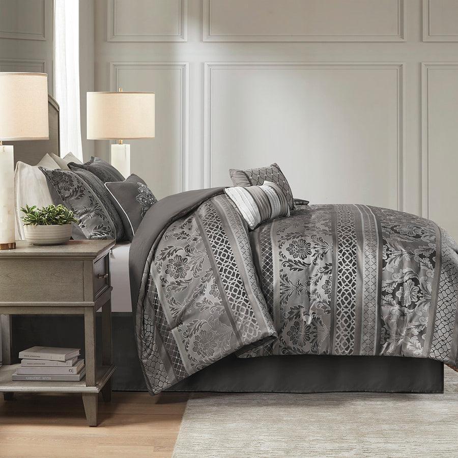 Bellagio California King 7 Piece Traditional Jacquard Comforter Set Gray Olliix.com