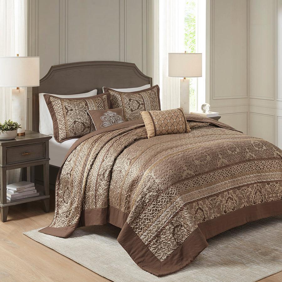 Bellagio King 5 Piece Reversible Jacquard Bedspread Set Brown & Gold Olliix.com