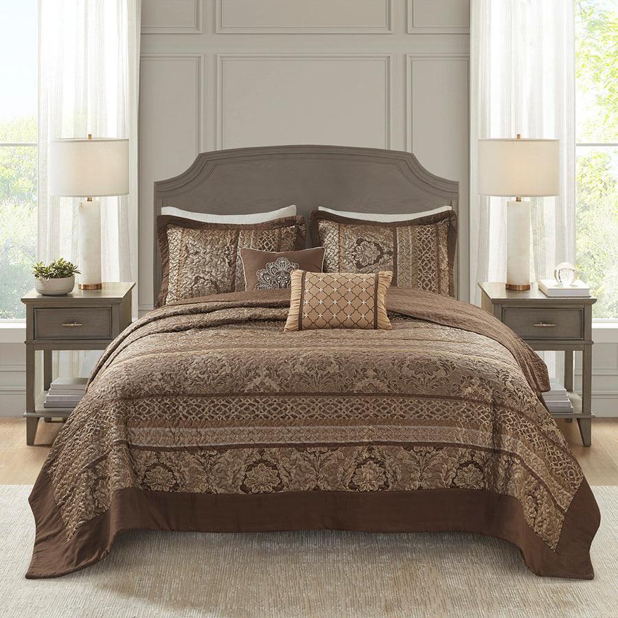 Bellagio King 5 Piece Reversible Jacquard Bedspread Set Brown & Gold Olliix.com