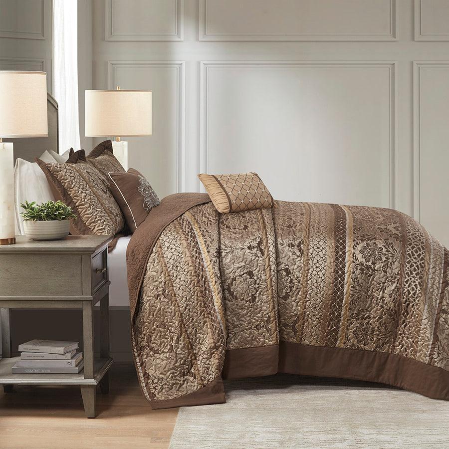 Bellagio King 5 Piece Reversible Jacquard Bedspread Set Brown & Gold Olliix.com