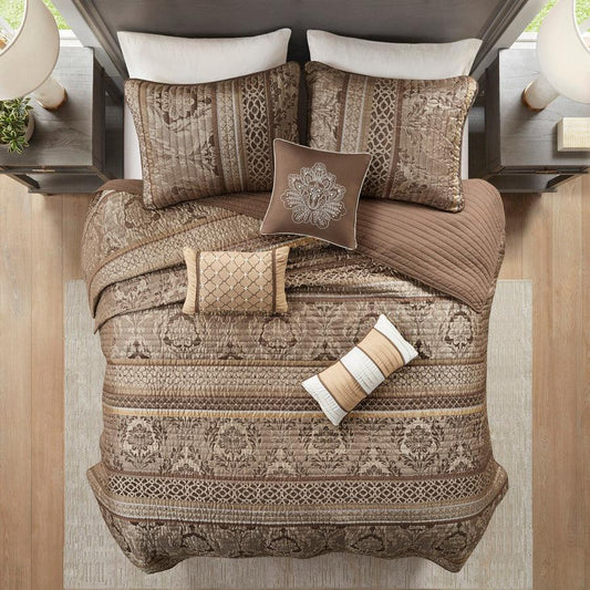 Bellagio King/California King 6 Piece Reversible Coverlet Set Brown & Gold Olliix.com