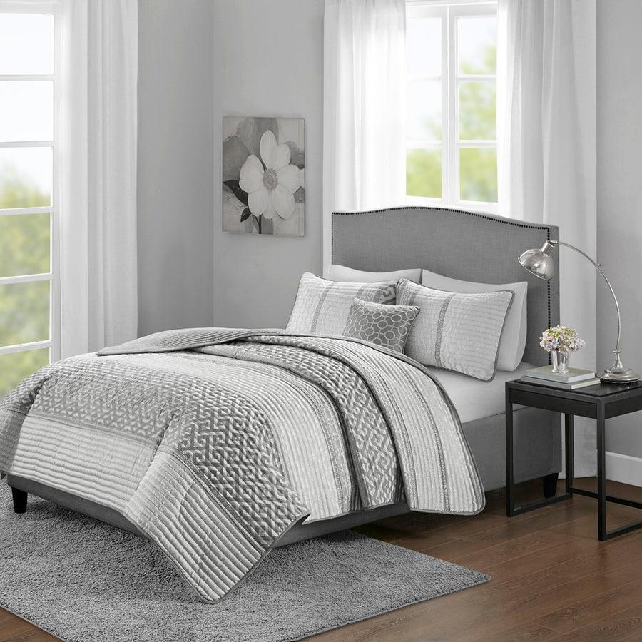 Bennett King/California King 4 Piece Reversible Jacquard Coverlet Set Gray Olliix.com