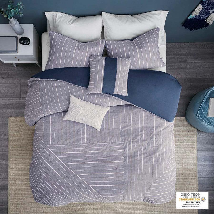 Bergen Modern 5 Piece Cotton Rich Duvet Cover Set Chambray Full/Queen Chambray Indigo Olliix.com