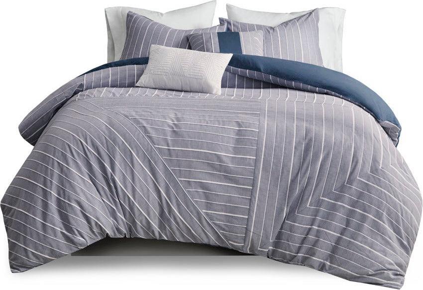 Bergen Modern 5 Piece Cotton Rich Duvet Cover Set Chambray Full/Queen Chambray Indigo Olliix.com