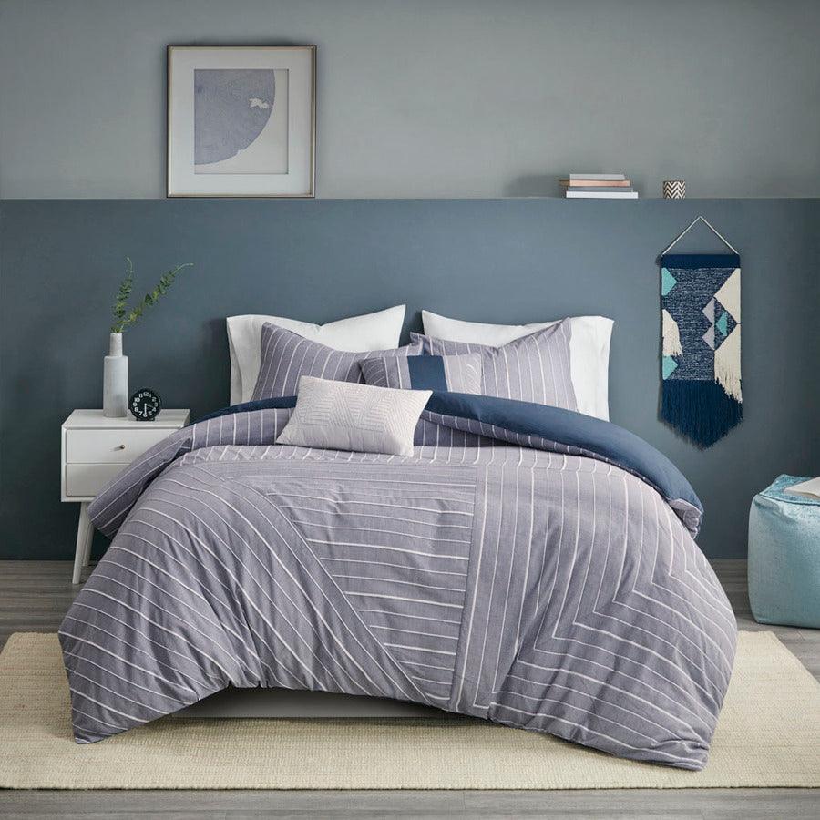 Bergen Modern 5 Piece Cotton Rich Duvet Cover Set Chambray Full/Queen Chambray Indigo Olliix.com