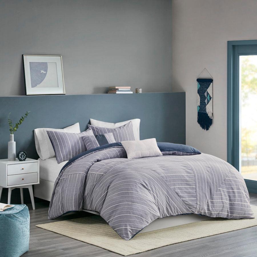 Bergen Modern 5 Piece Cotton Rich Duvet Cover Set Chambray Full/Queen Chambray Indigo Olliix.com